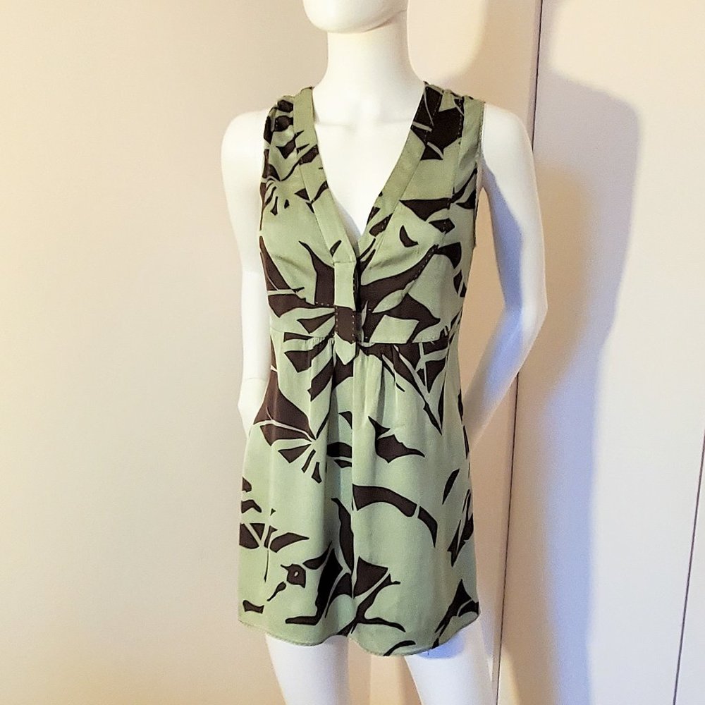 ELIE TAHARI | Green - Brown Stretch Silk Tunic Top | Size M